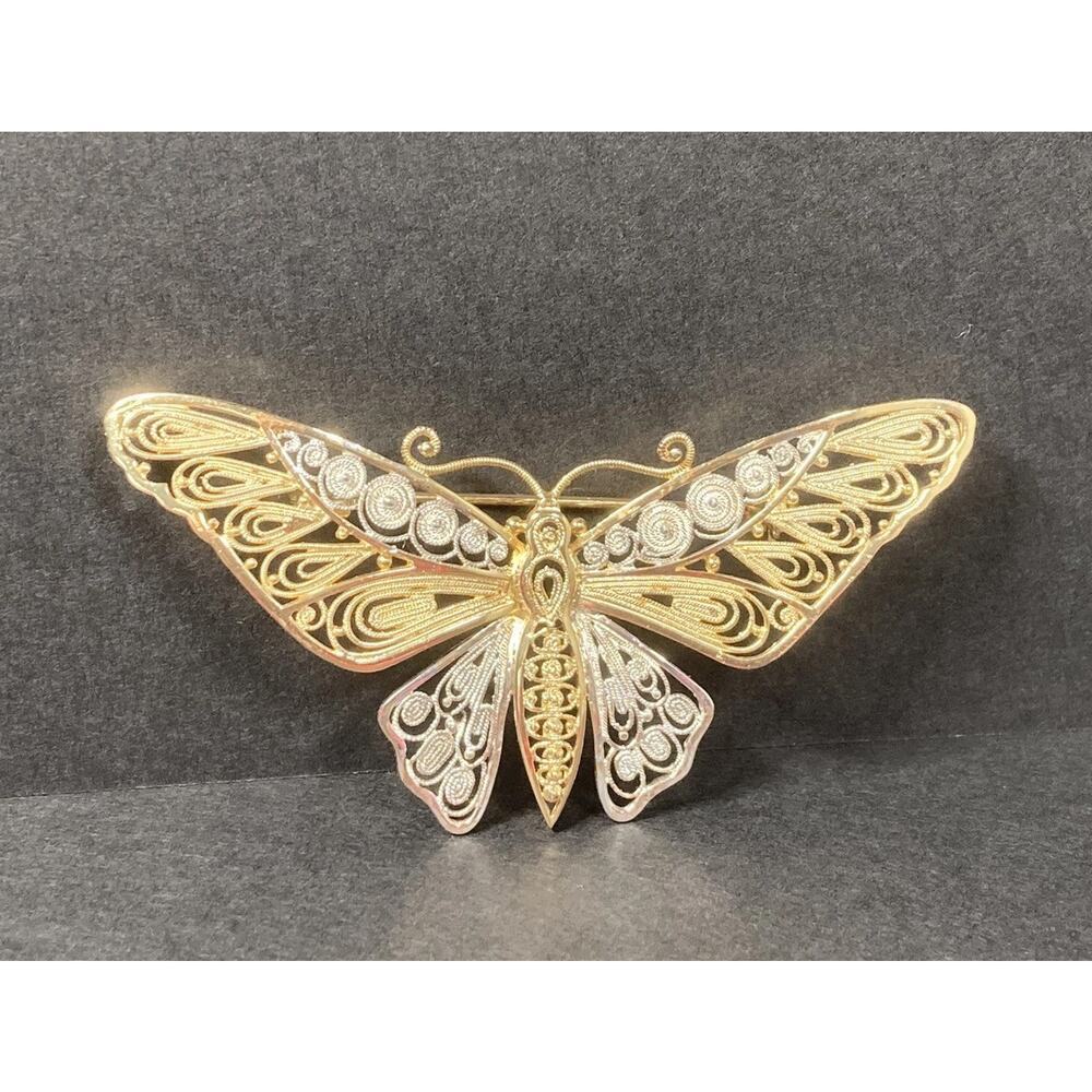 Vintage VanLou Sterling Silver Gold Plated Filigree Butterfly Pin Brooch - Picture 1 of 9
